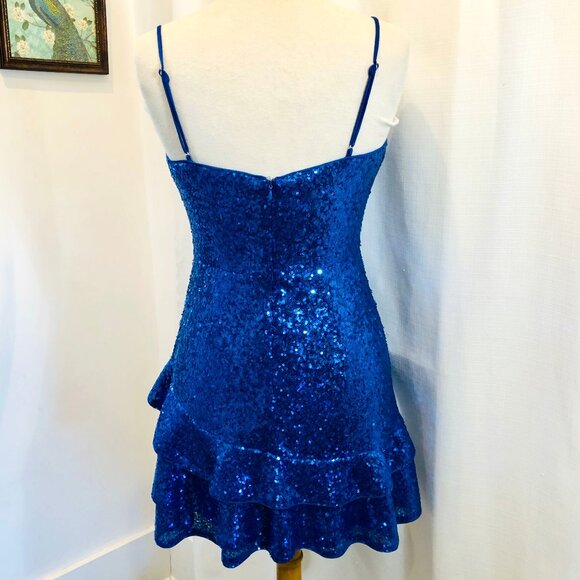 D. ark Bright Blue Sequin Mini Dress Size XS - Picture 3 of 9